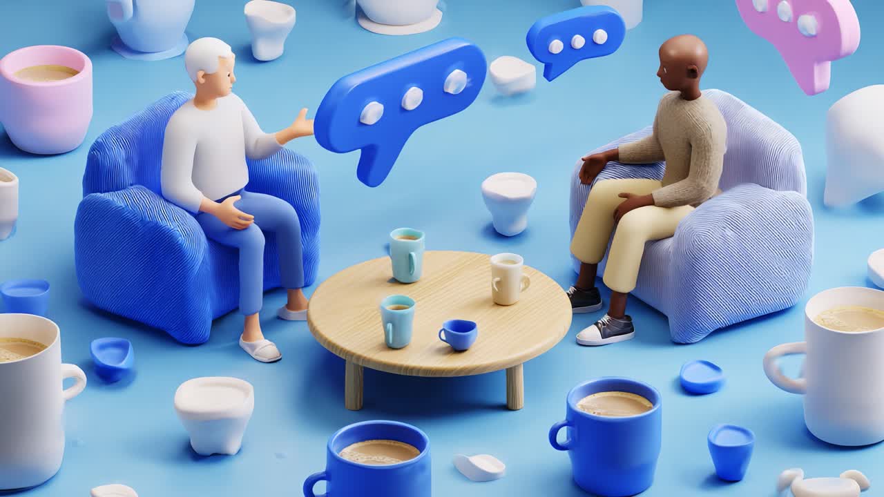 A lively conversation between two animated figures seated on stylish chairs, surrounded by coffee cups and colorful speech bubbles representing engaging dialogue and connection