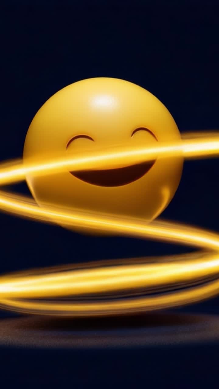 Una faccina sorridente gioiosa con scie luminose a spirale che creano un'atmosfera dinamica di felicità e divertimento, perfetta per rappresentare giocosità e positività.