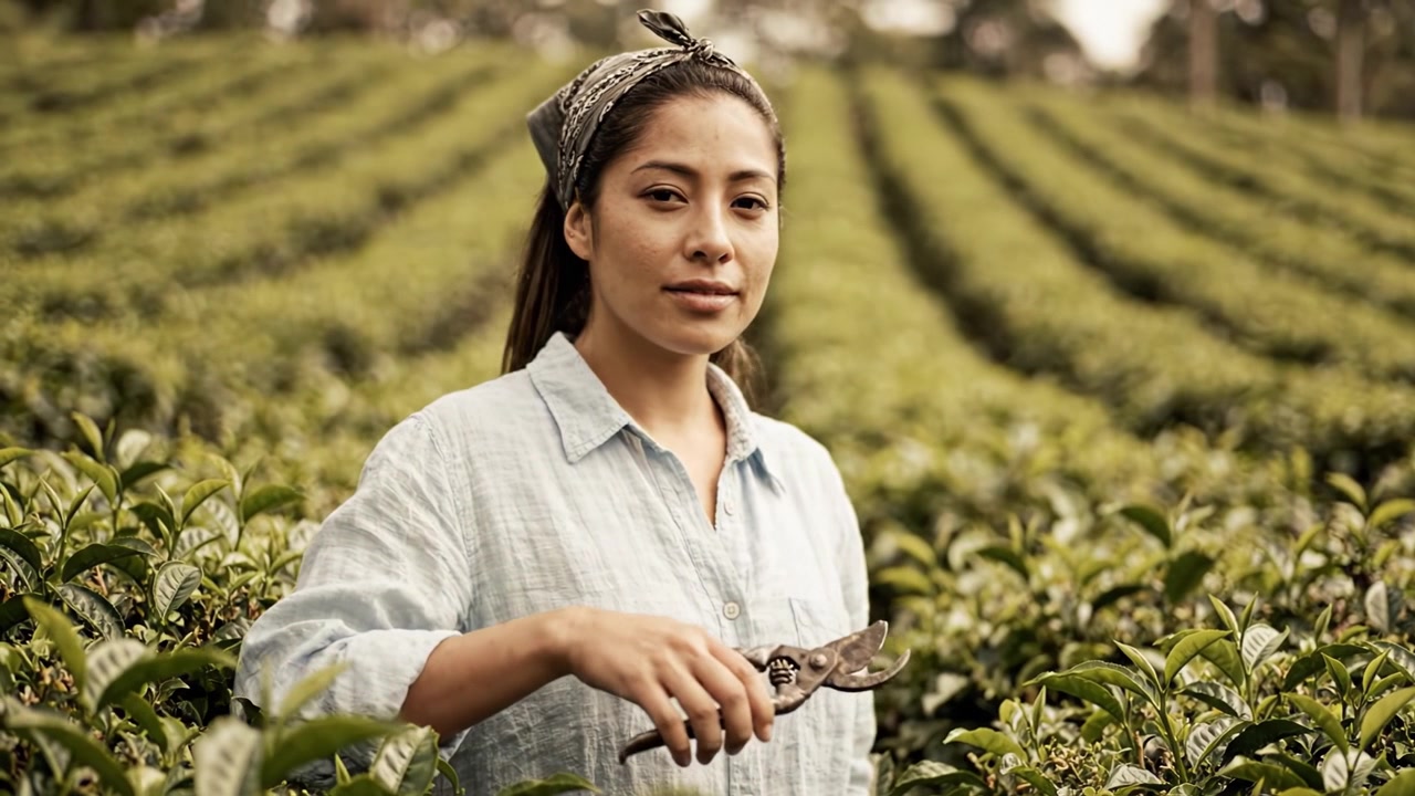A focused woman working in lush tea fields, holding pruning shears as she tends to the healthy green tea plants, showcasing dedication to agricultural craft.