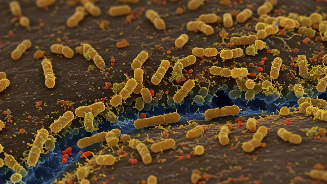 A Vibrant Microcosm: Detailed Representation of Bacteria and Microbial Life on a Surface, Showcasing Diversity and Interactions in a Microscopic Environment