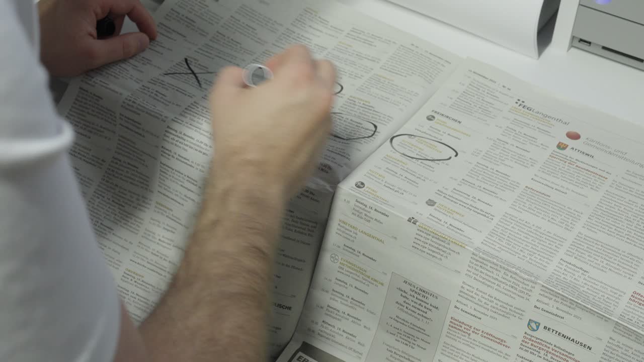 A man highlights job ads in a newspaper with a marker — concept of job search, employment, unemployment, and career planning