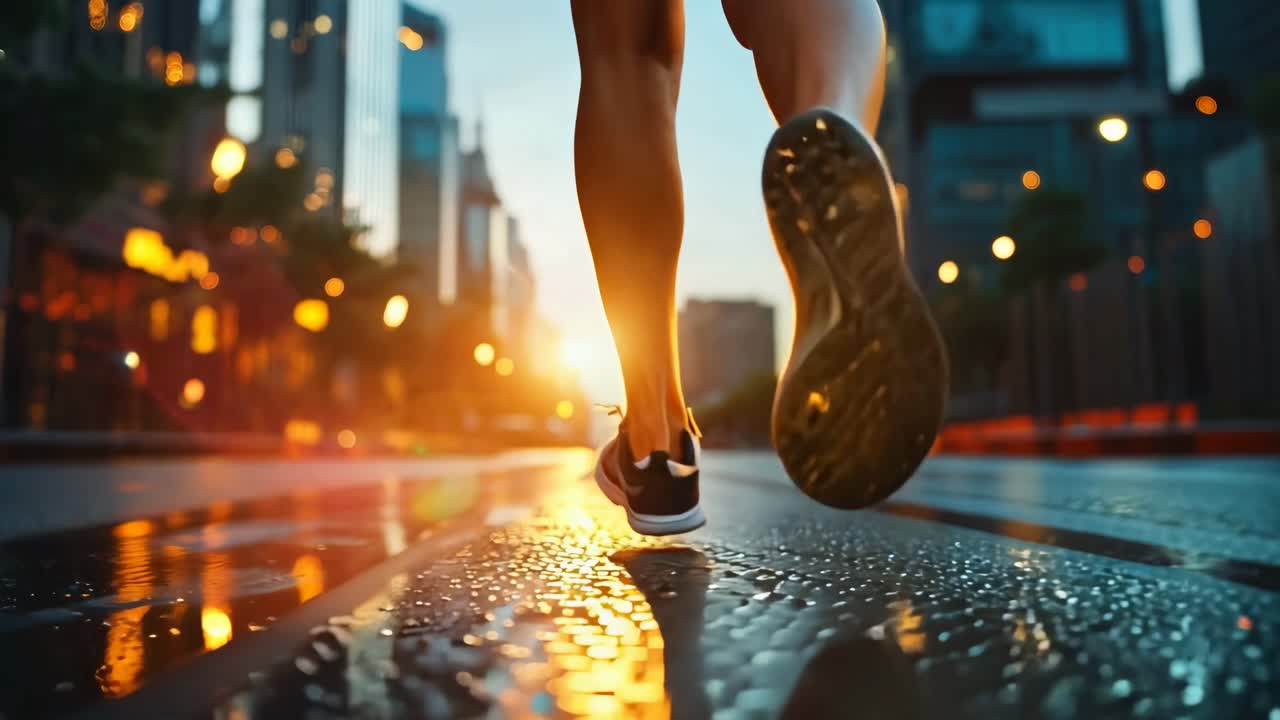 Low-angle video shot of a runner's feet on a wet city street at dawn, capturing motion and energy