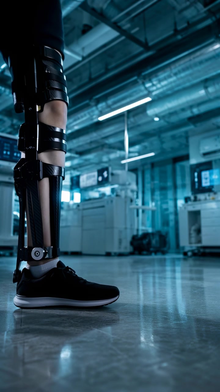 Low-angle close view shows jointed leg supports moving with each step as black shoes cross a polished floor, while cool overhead lights and laboratory equipment remain behind.
