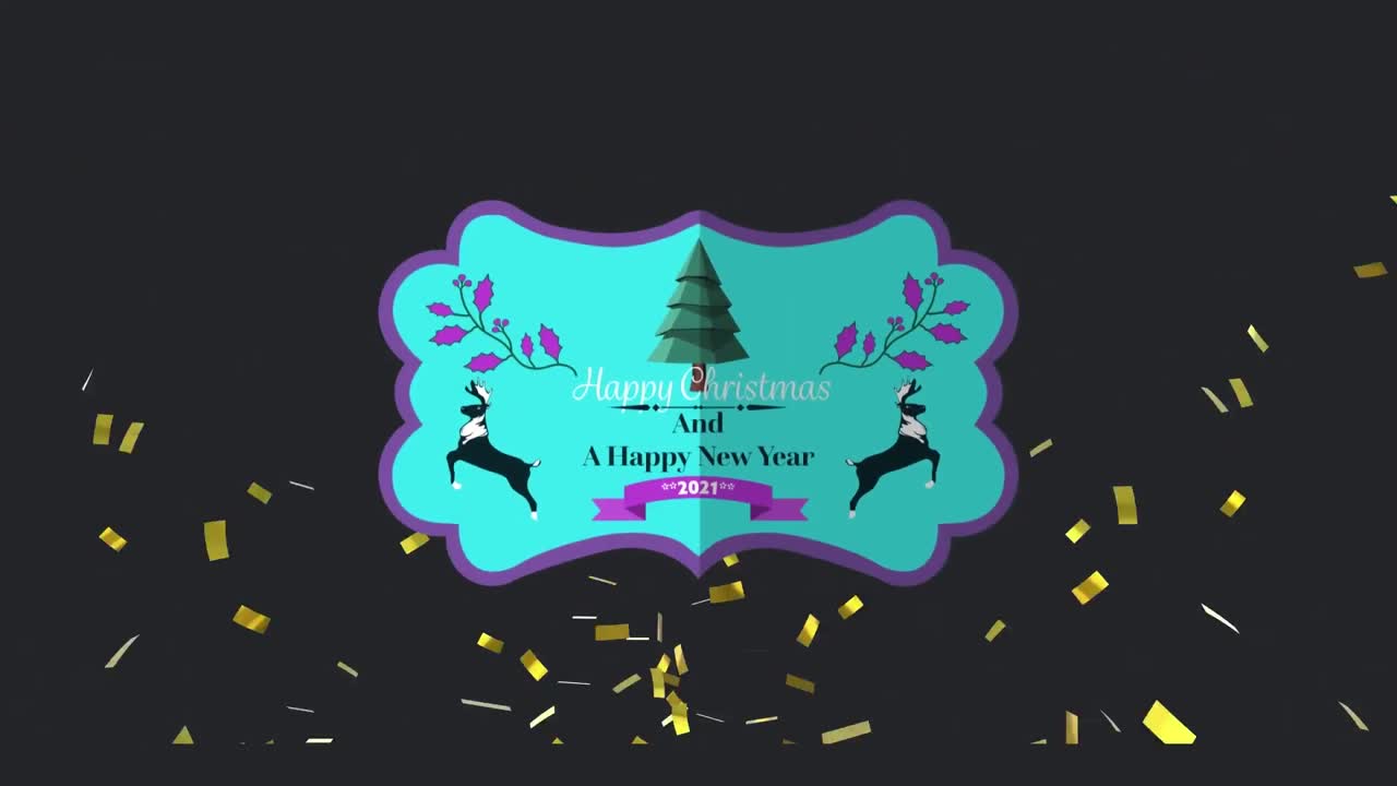 Animazione di coriandoli dorati che cadono su un biglietto d'auguri blu di Buon Natale e Felice Anno Nuovo, su sfondo nero.
