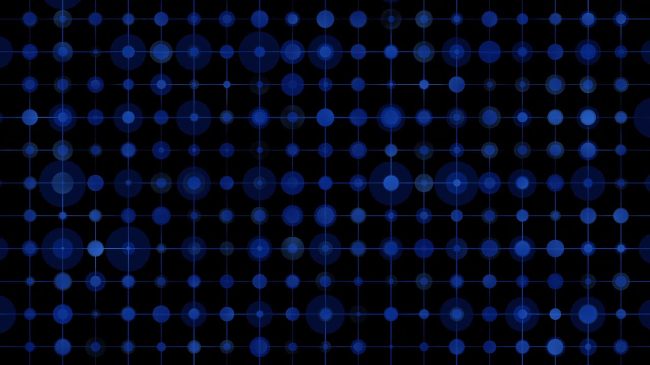 Animated pulsing blue glowing dots grid pattern with changing sizes and brightness on dark background in seamless loopable video for technology and digital presentations