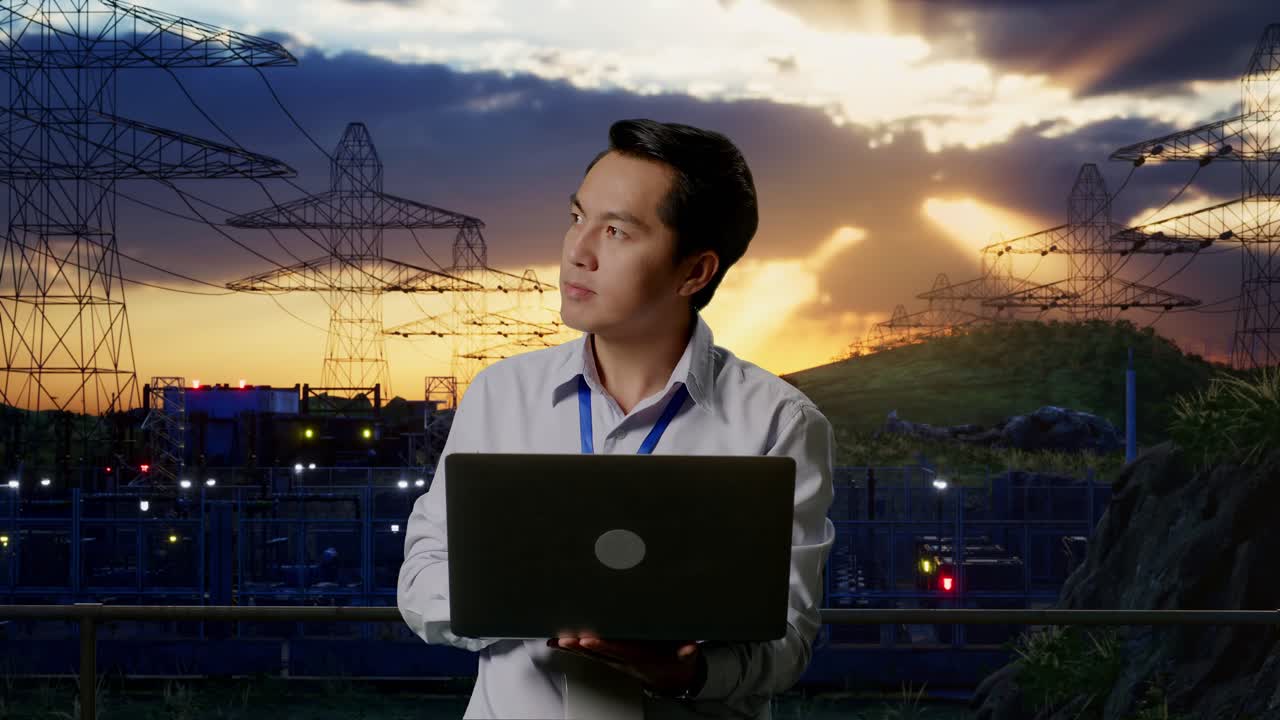 Asian Male Professional Worker Standing With His Laptop Near High Voltage Tower, Industrial Facility, He Observes By Looking Around Before He Come To Concentrating With His Laptop