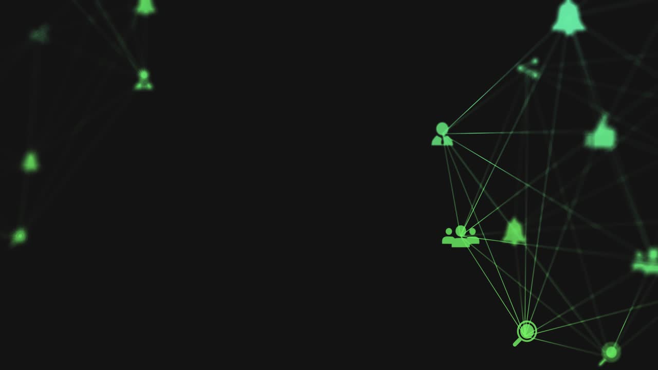 Green network graph fading in triggers SQL code scrolling while visualizing live data sync