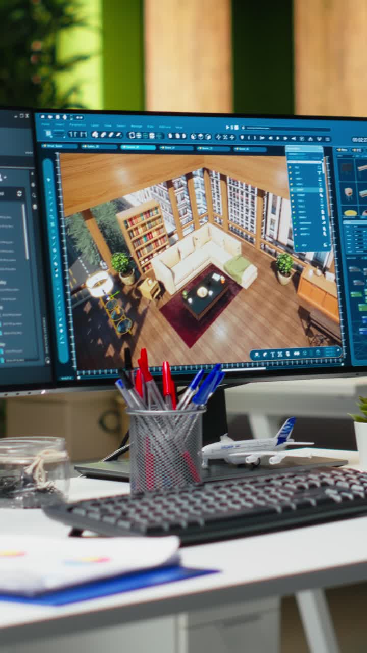 Vertical Video Modern architecture dual monitors with 3D rendering software and floor plan