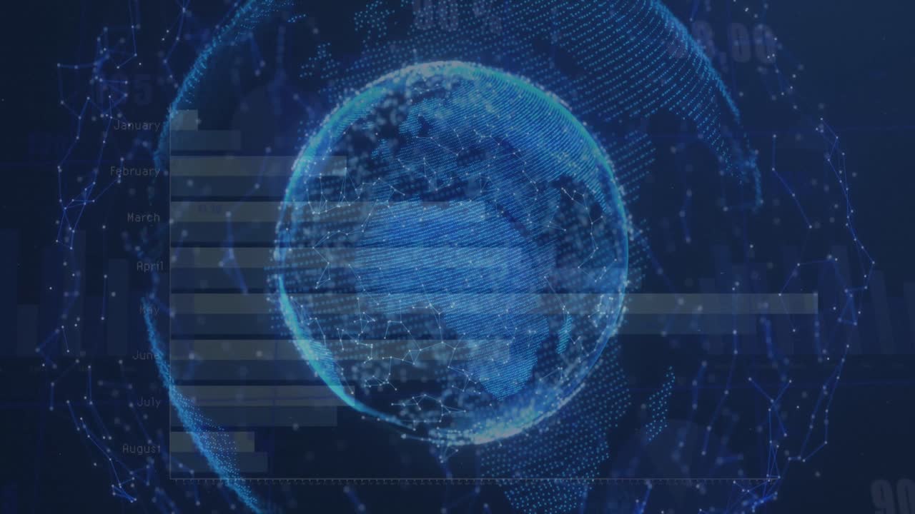 Animation of data processing over globe on blue background