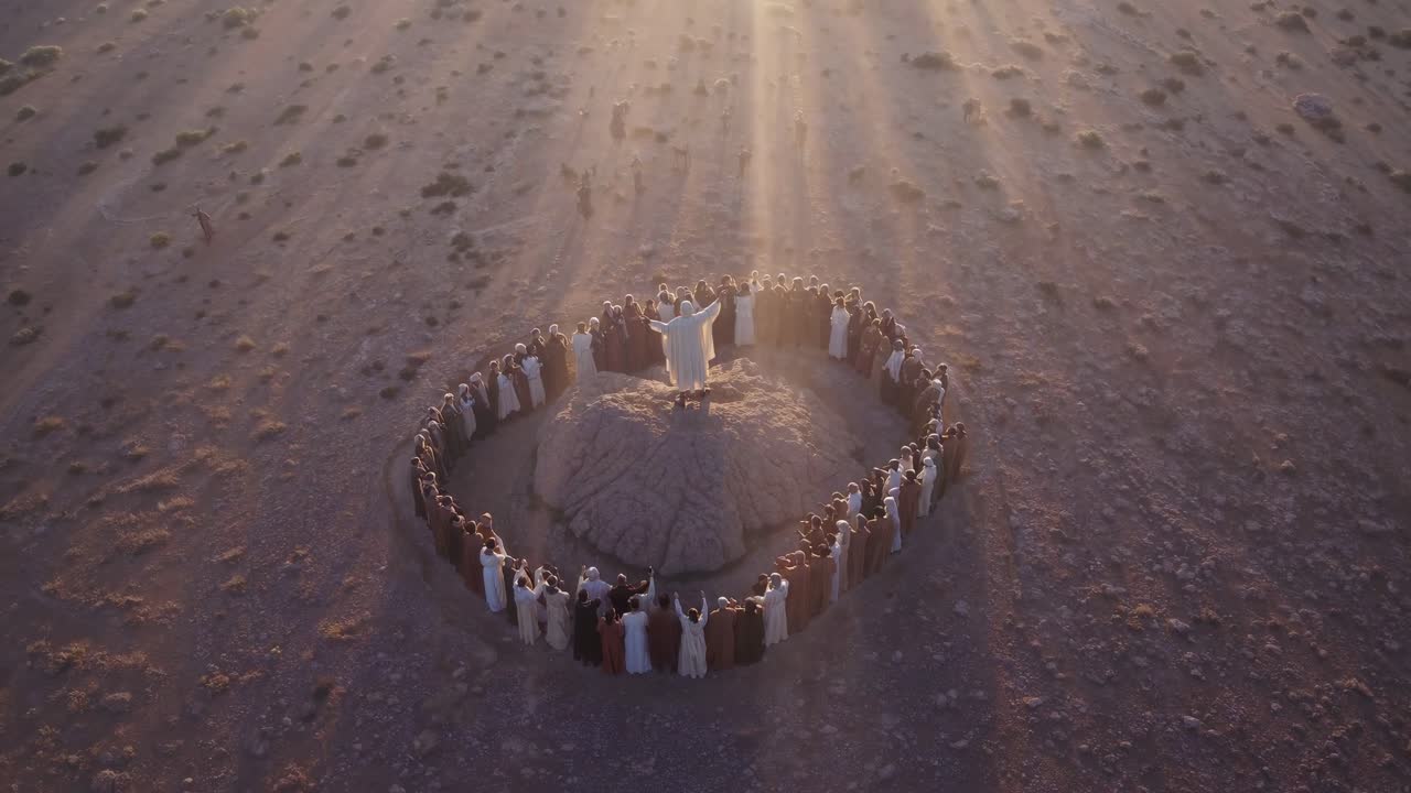Aerial view of people in robes forming a circle in a desert