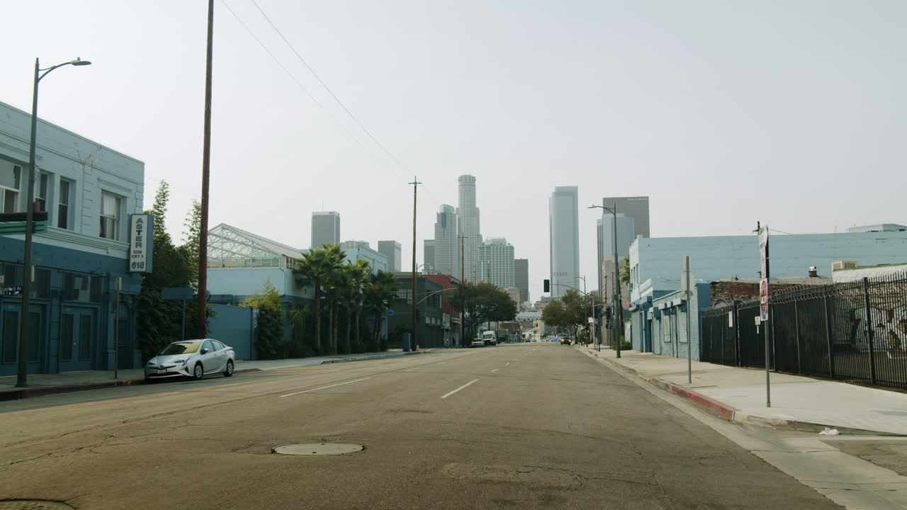 Downtown Los Angeles skyline from a city street