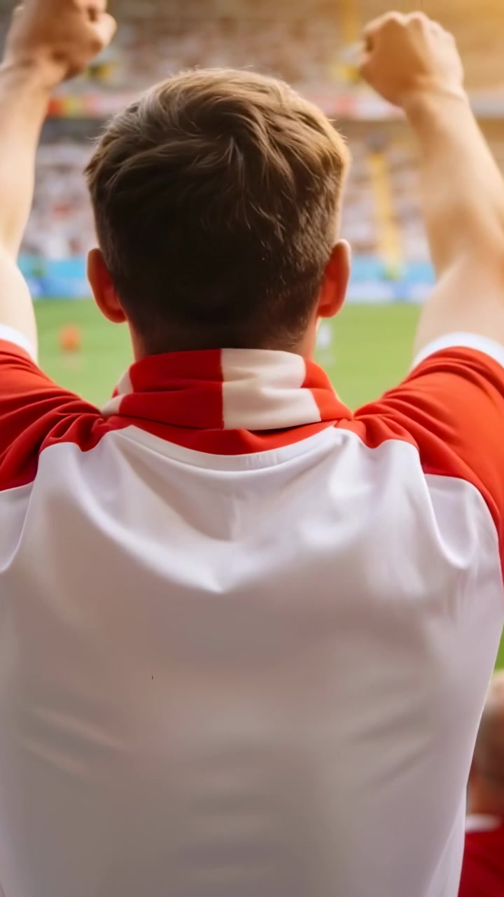 Video verticale: Tifoso che si alza e alza le braccia dopo un gol sugli spalti dello stadio, con maglietta e sciarpa rosse e bianche.