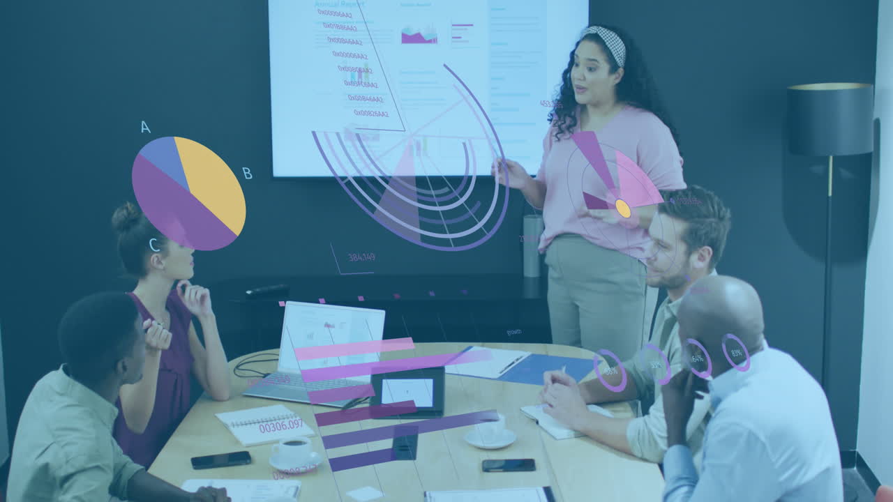 animación de múltiples gráficos que se mueven sobre diversos empresarios que explican el informe a sus colegas