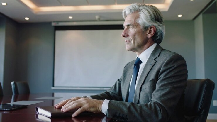 Seeing meeting starting, exec adjusting portfolio in boardroom, grey suit, phone visible