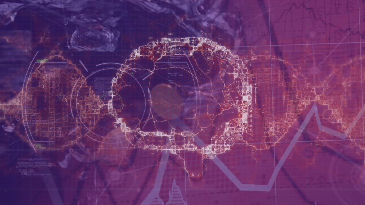 animación de la exploración del alcance sobre el icono del cerebro humano girando contra un fondo púrpura