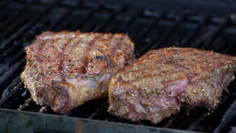 two thick and juicy rib eye steaks are covered as a grills lid is closed