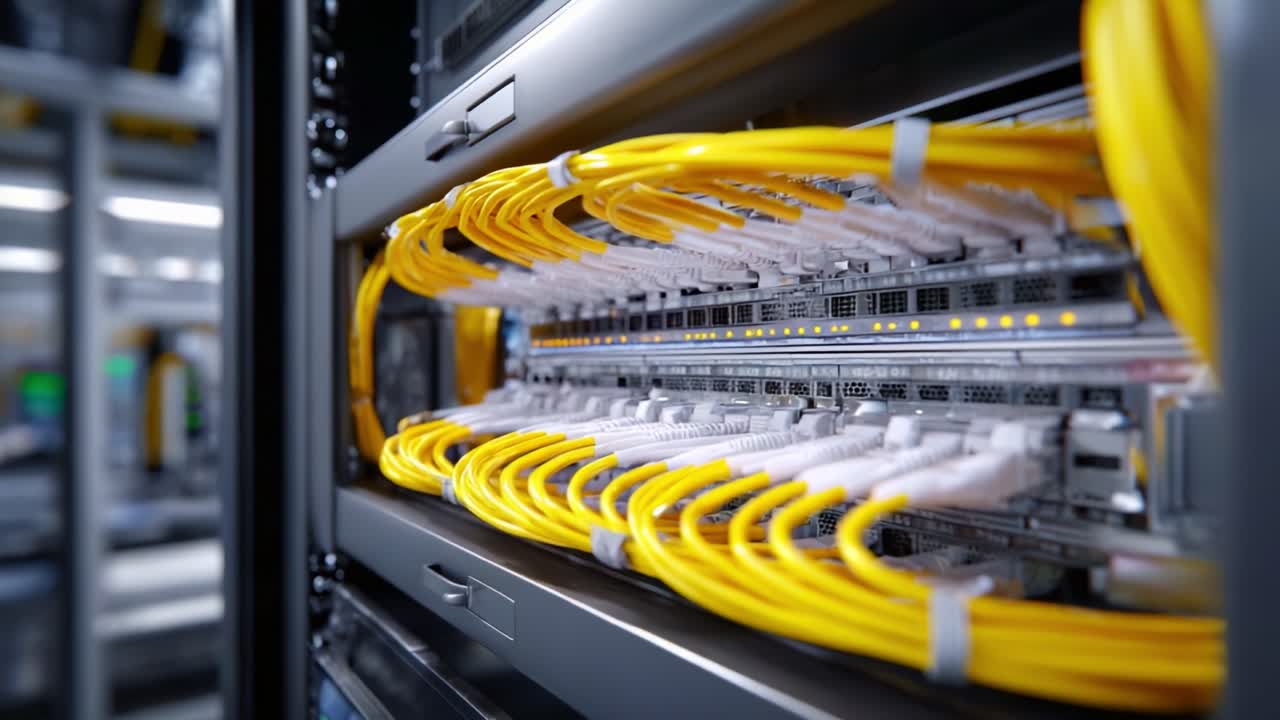 A Detailed View of High-Tech Network Infrastructure with Bright Yellow Cables and Advanced Hardware Components Inside a Server Room Environment