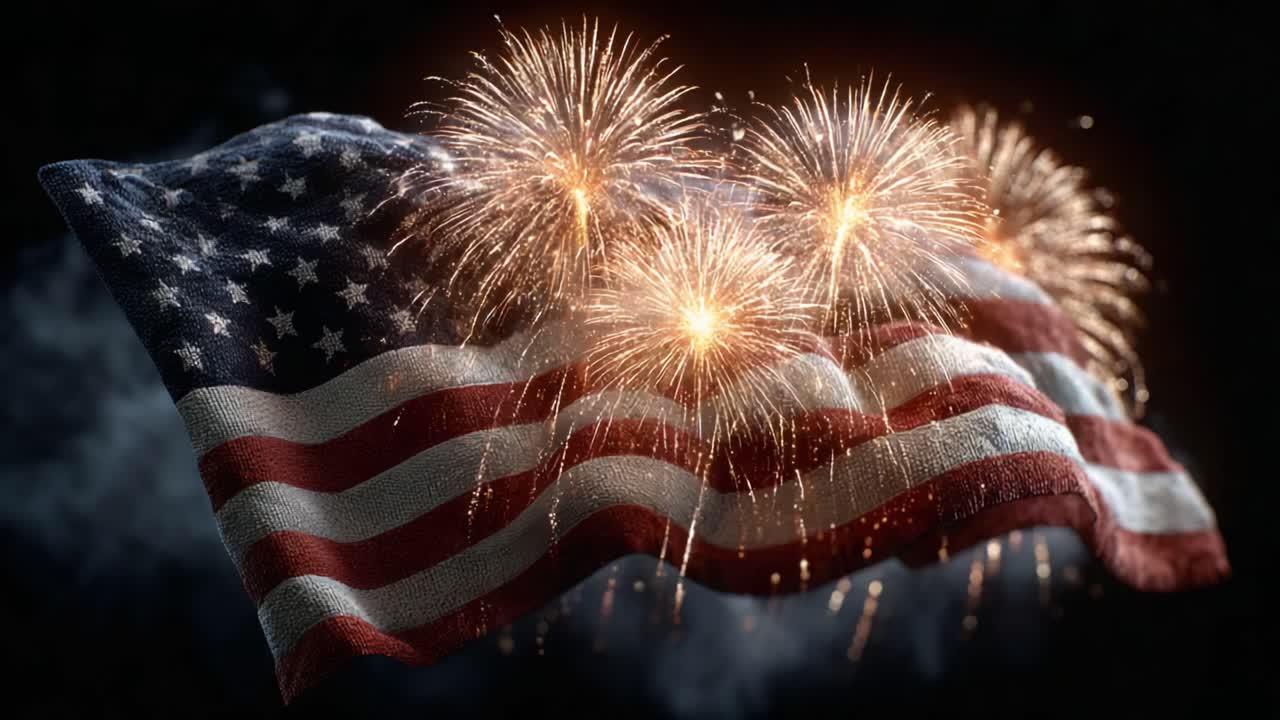 A Beautiful Display of Fireworks Illuminating the American Flag, Celebrating Freedom and Patriotic Spirit in a Stunning Night Sky