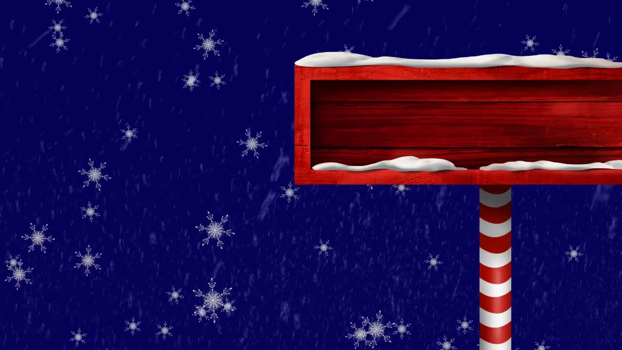 Animation of snow falling over christmas wooden sign board with copy space