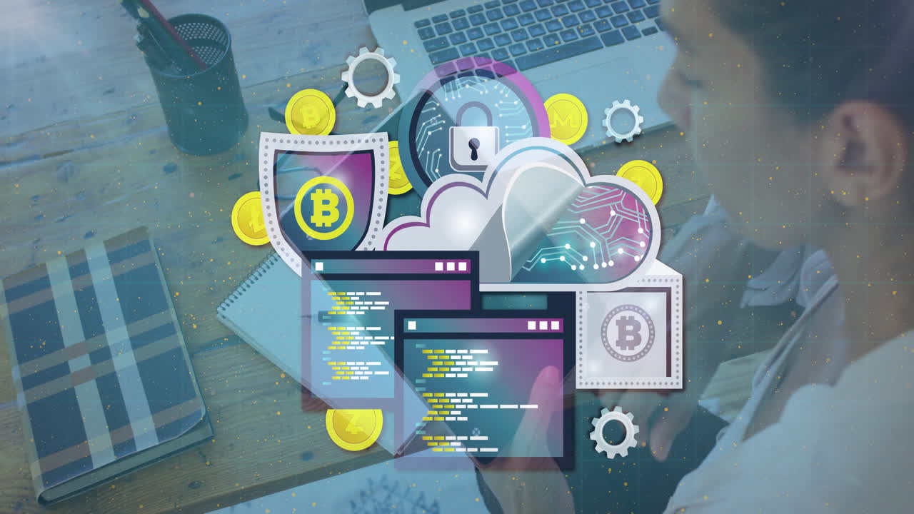 Digital currency symbols and coding animation over person working at desk