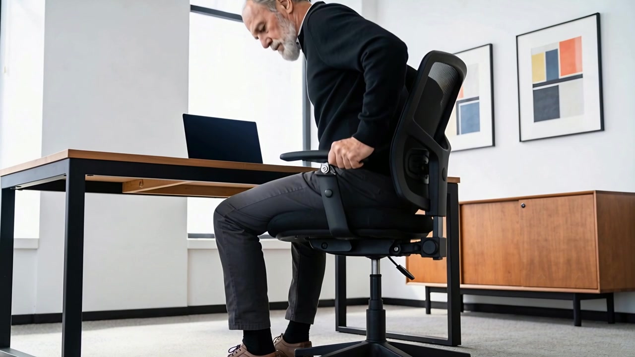 Looking at laptop, senior man in sweater gripping armrests, pushing up to stand at office desk
