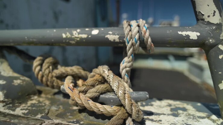 Rope Knot Tied To Metal Pole On Old Boat - close up