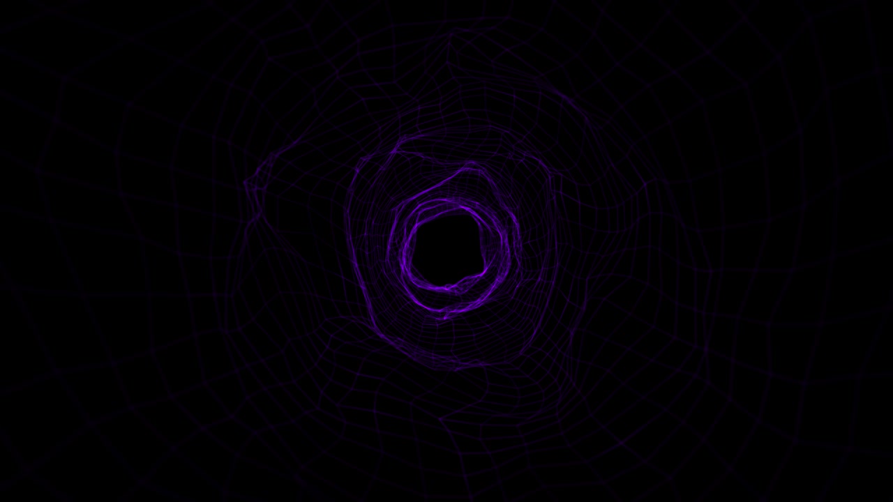 Camera movement through random colors glowing wormhole geometric mesh. Flight animation through abstract tunnel