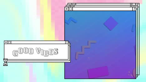animación de buen texto de vibraciones sobre pantallas de computadora y fondo vibrante