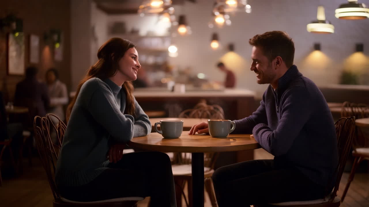 Couple enjoying coffee and conversation at a cozy cafe