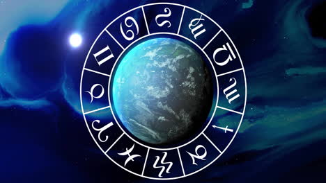 animation of circle with zodiac symbols over globe on black background