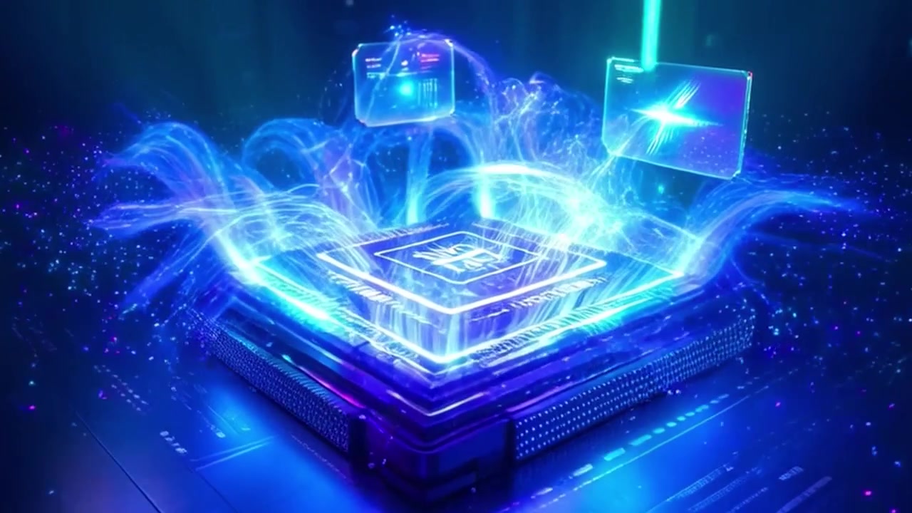 Futuristic Computer Processor Chip Emitting Glowing Data Streams