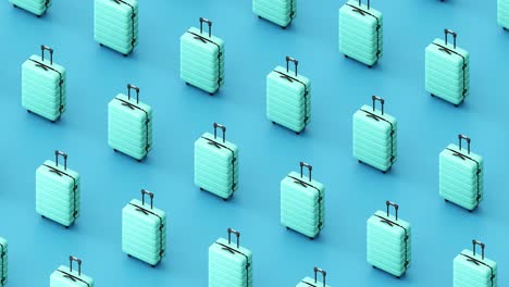 similar suitcases placed in row against blue background. 3d animation loop