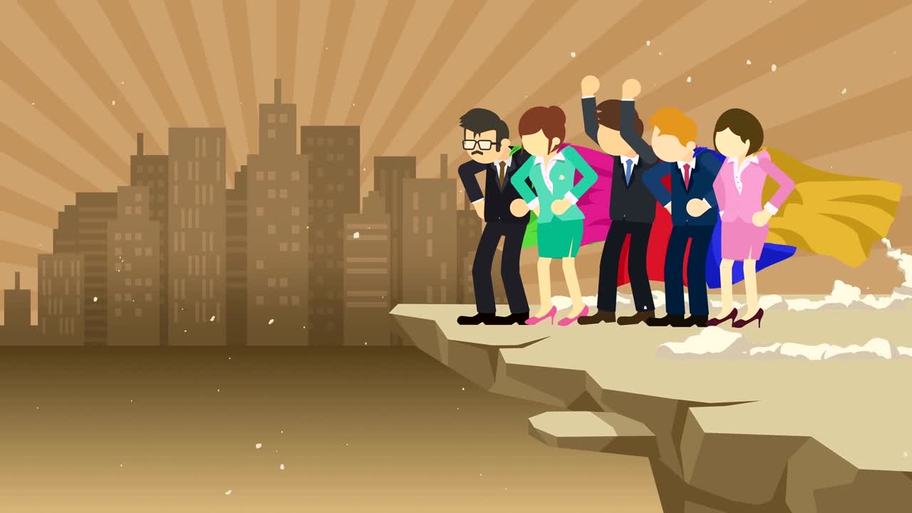 el equipo de negocios de superhéroes de pie en el acantilado listo para el desafío. símbolo del equipo de negocios. trabajo en equipo y concepto de éxito. animación de bucle cómico.
