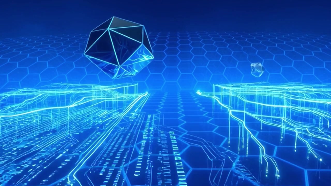 Abstract Digital Background with Glowing Geometric Shapes and Circuitry