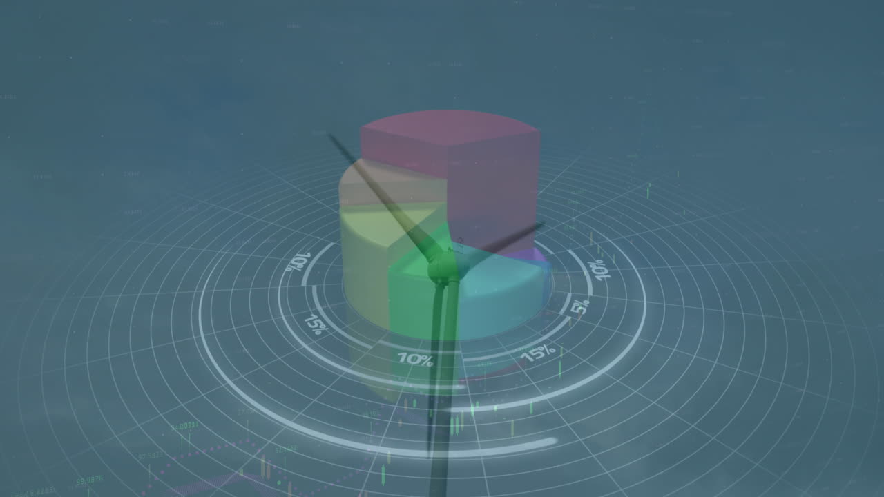 animación de estadísticas y procesamiento de datos sobre la turbina eólica sobre fondo azul