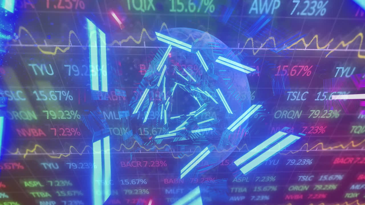Futuristic financial data and stock market animation with glowing geometric shapes
