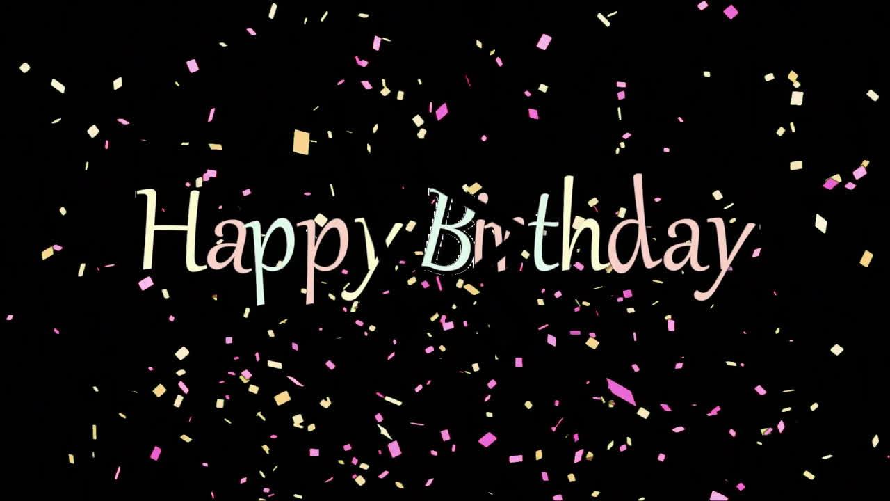 feliz cumpleaños animación de texto con confeti colorido cayendo sobre fondo negro