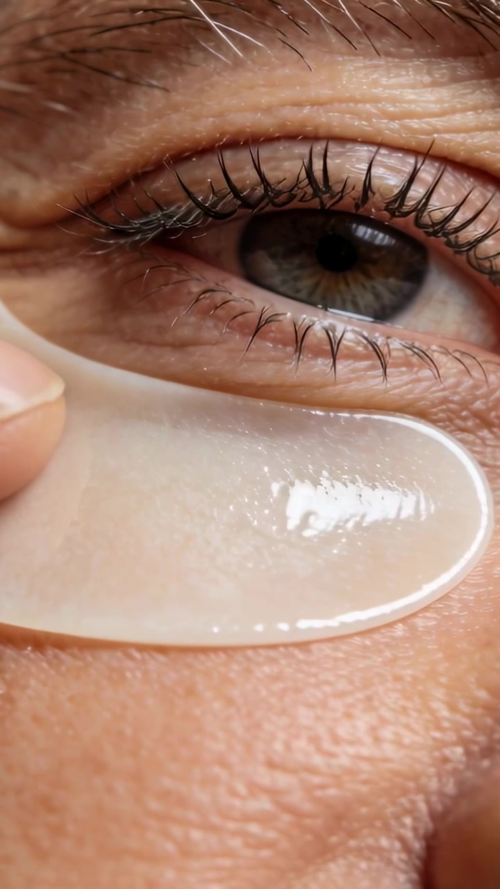 Vertical video: Smoothing undereye hydrogel patch, finger entering closeup and adjusting to secure