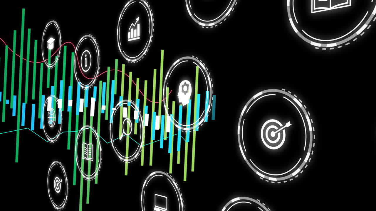 animación de diagramas e iconos comerciales sobre un fondo negro