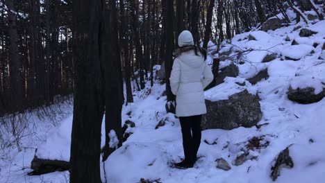 Lost-woman-in-a-snowy-mountain-looking-for-the-correct-way-to-return