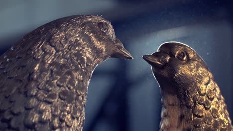 close-up of two bronze birds