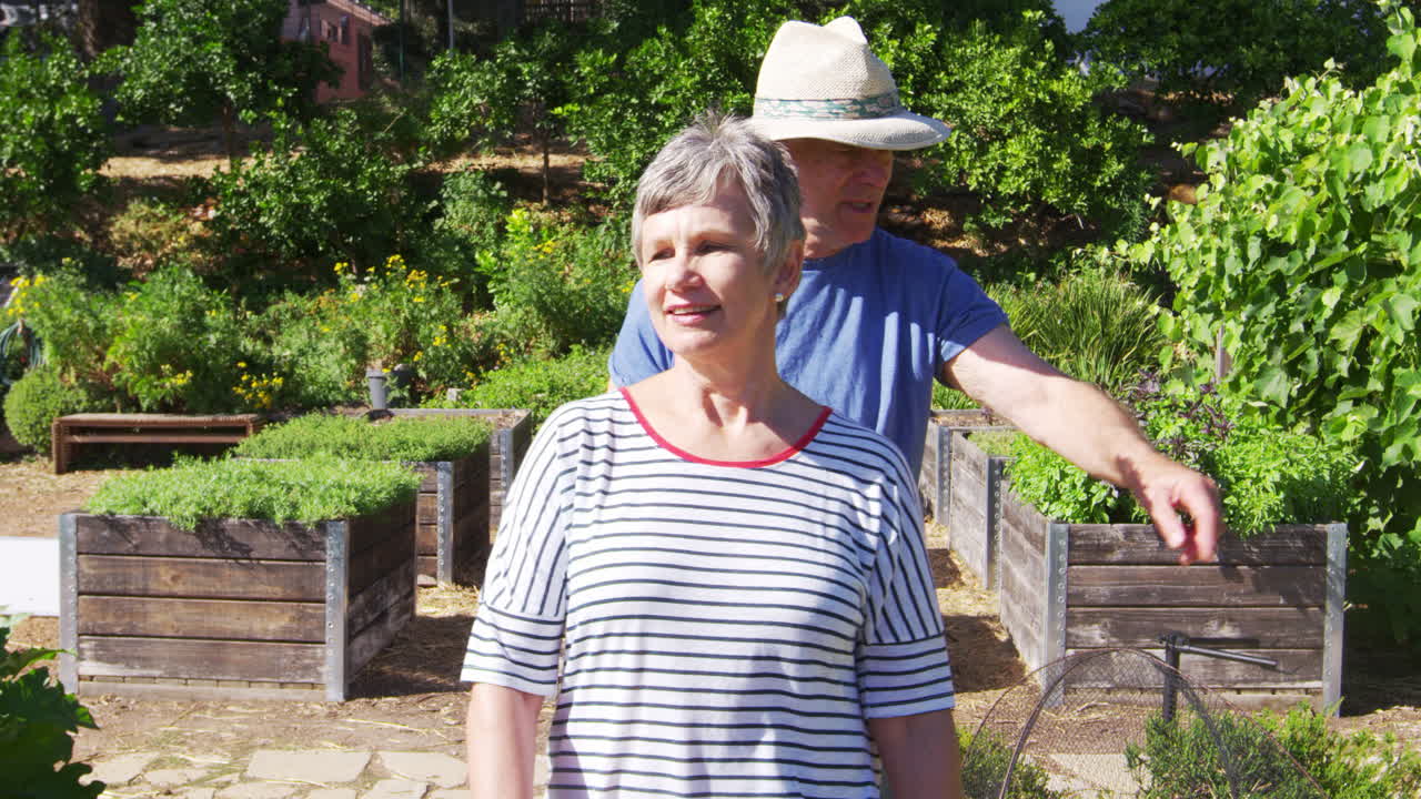 고령 부부 가 지역 사회 의 부지 에서 자라는 식물 을 확인 하고 있다