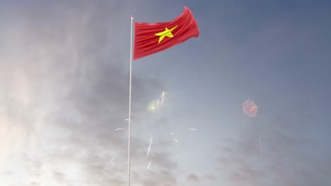 bandera de vietnam con fuegos artificiales en el fondo