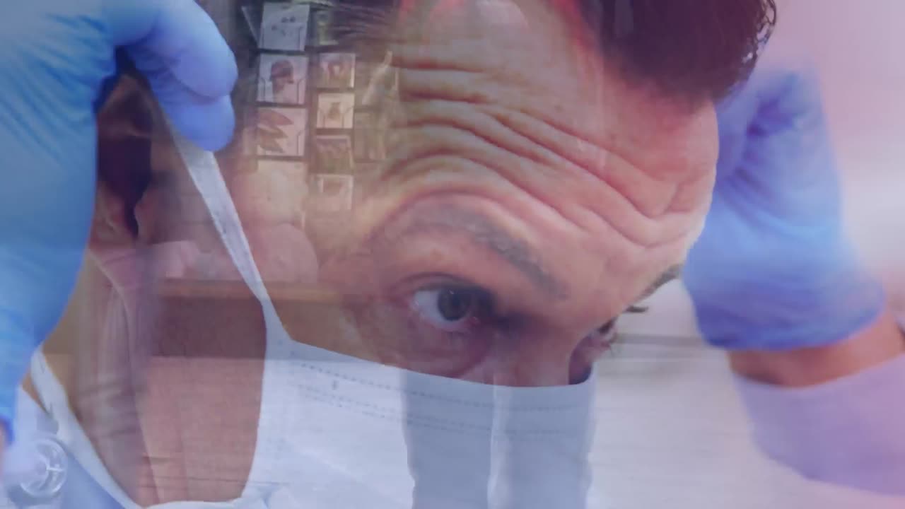 animación de un médico poniendo una máscara facial sobre personas en movimiento rápido caminando por una calle.