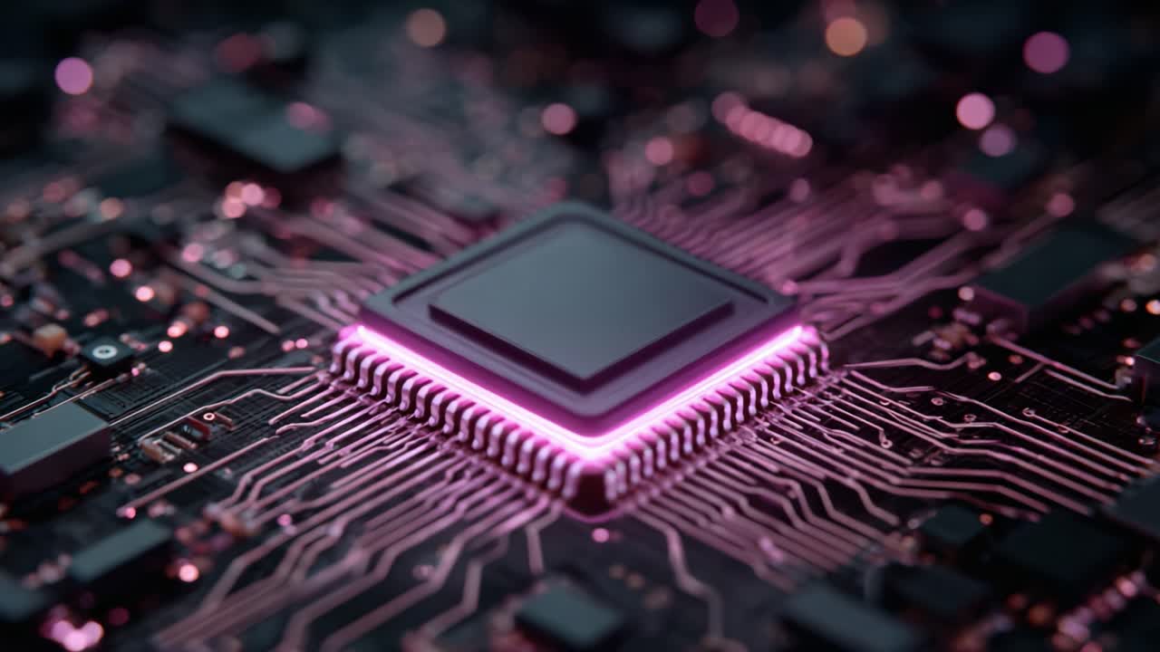 A breathtaking close-up view of a modern microprocessor on a circuit board, showcasing intricate connections and glowing elements that highlight its advanced technology