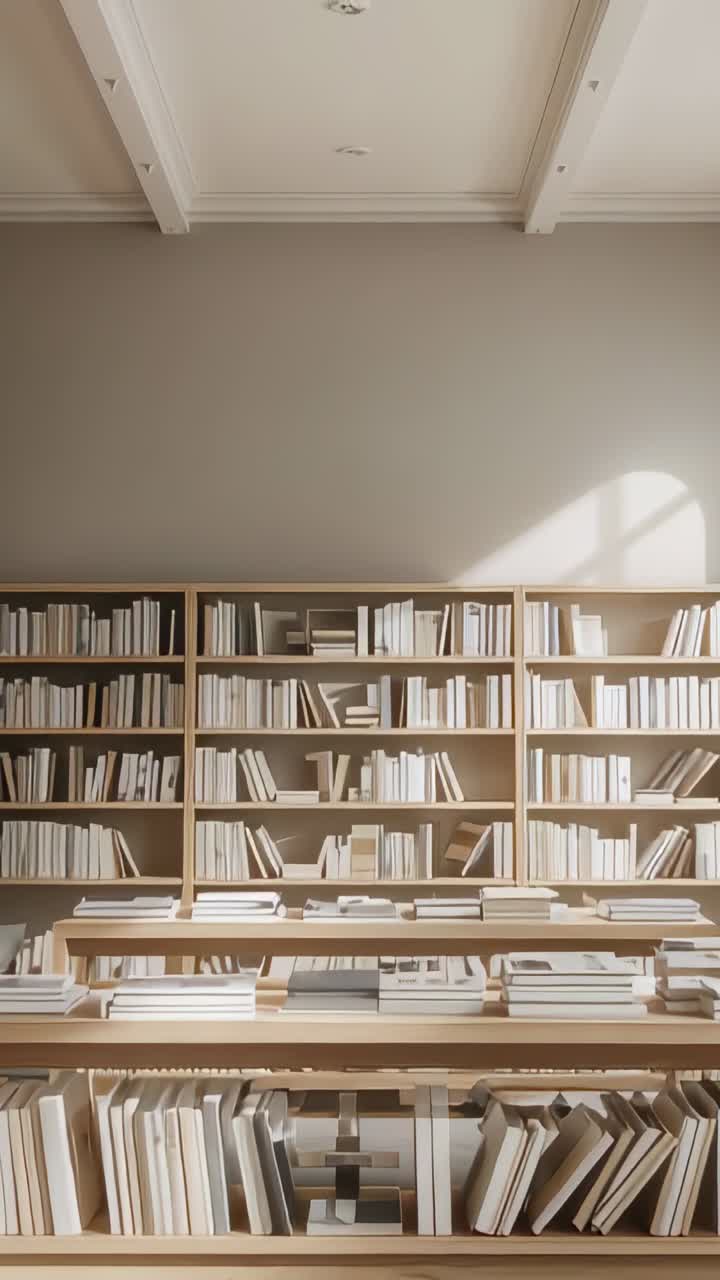 Vertical video: Rising camera revealing tall bookshelf and table in library, showing sunlit arch