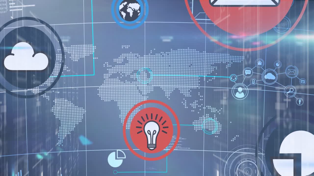 클라우드 및 데이터 공유 아이콘과 세계 지도 및 데이터 처리와의 인터페이스의 애니메이션