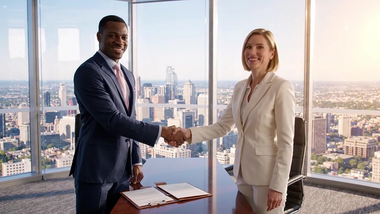 Professional Meeting between Two Business People Overlooking a Cityscape in a Modern Office, Engaging in Discussion and Collaboration with Positive Energy