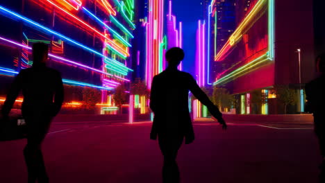 silhouettes in a neon-lit city