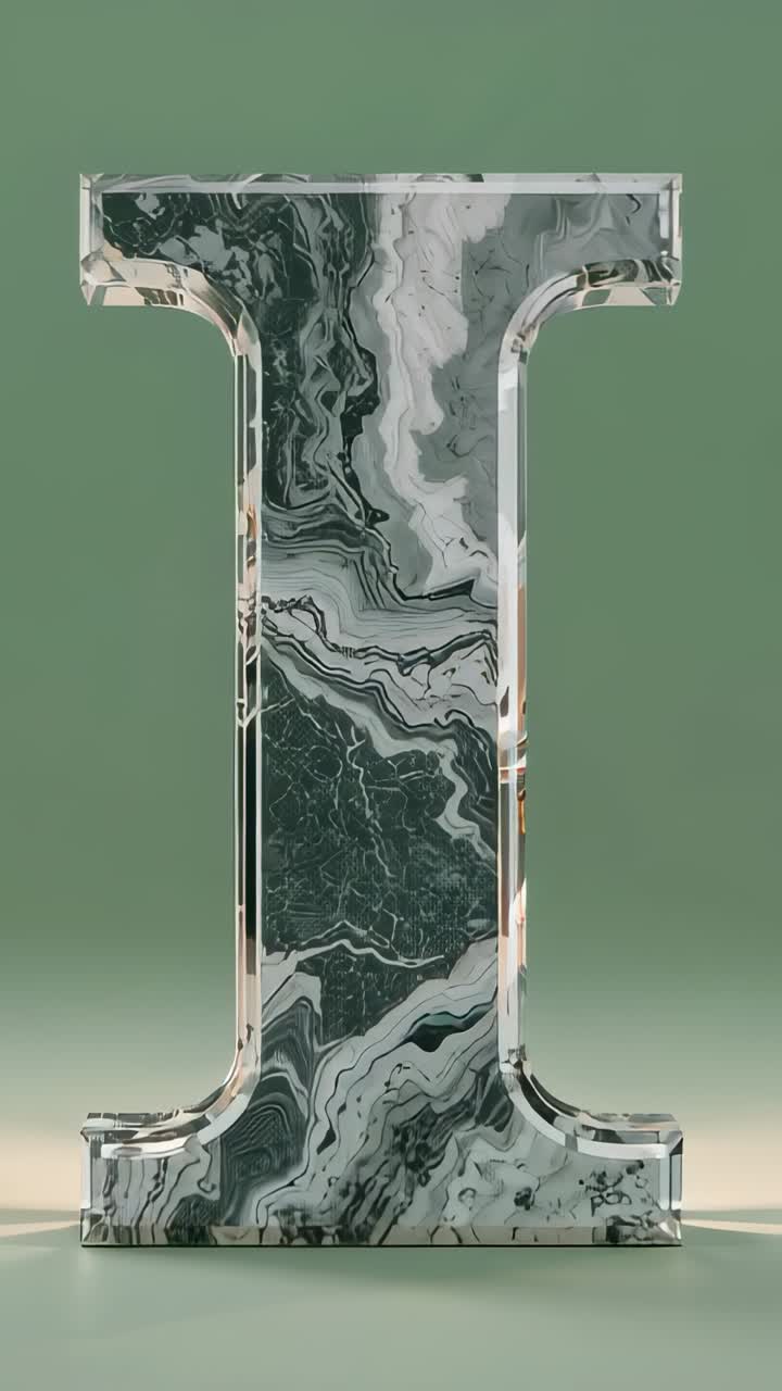 Vertical video: Warm overhead spotlight turning on and revealing 3D marble letter I in green studio
